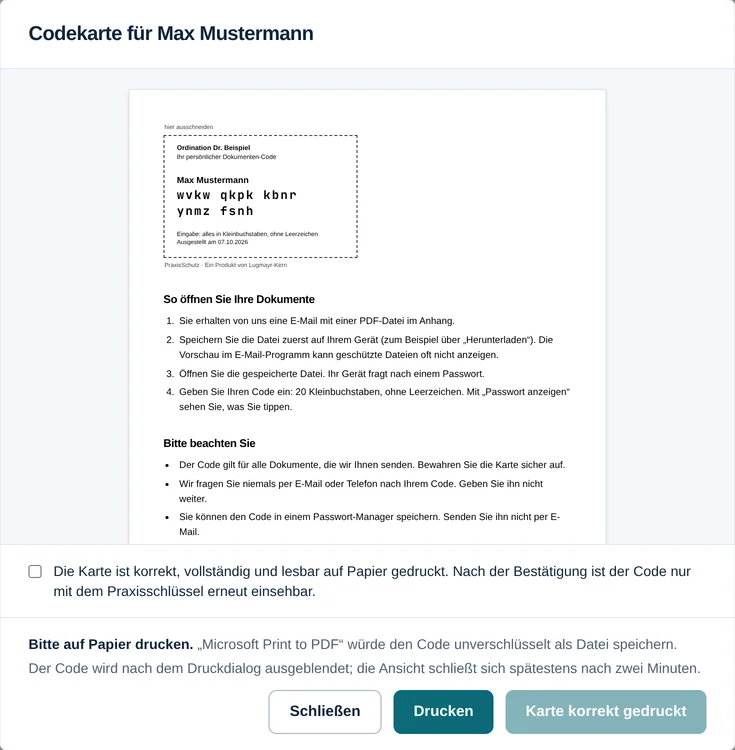 Druckvorschau der Codekarte für Max Mustermann mit Beispielcode und Anleitung zum Öffnen der Dokumente.
