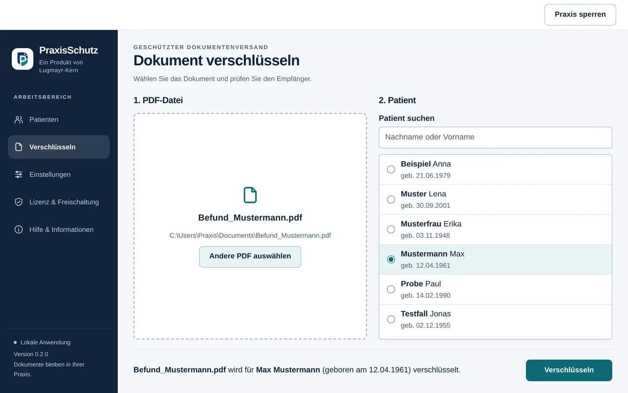 Bildschirm „Dokument verschlüsseln“ mit ausgewählter PDF-Datei und dem Testpatienten Max Mustermann.